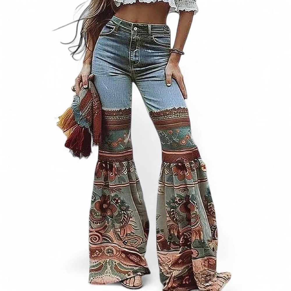 OSHOPLIVE Women's Blue Vintage Look Denim Pants Flared Leg Boho Print Jeans